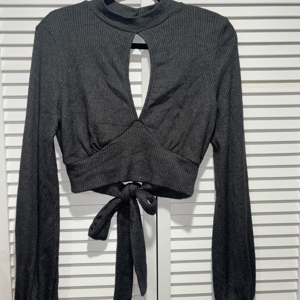 Windsor Charcoal Ribbed Cut-Out Tie-Back Crop Top
